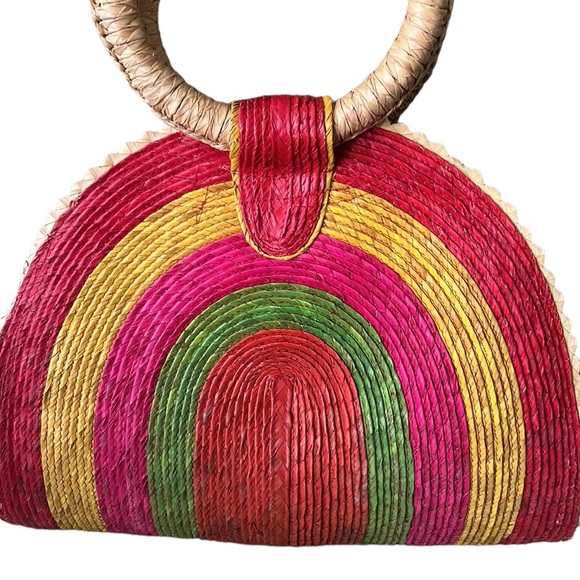 Rainbow Shaped Pink Yellow Green Straw Rattan Scalloped Handbag Clutch Tote Bag - Picture 2 of 11